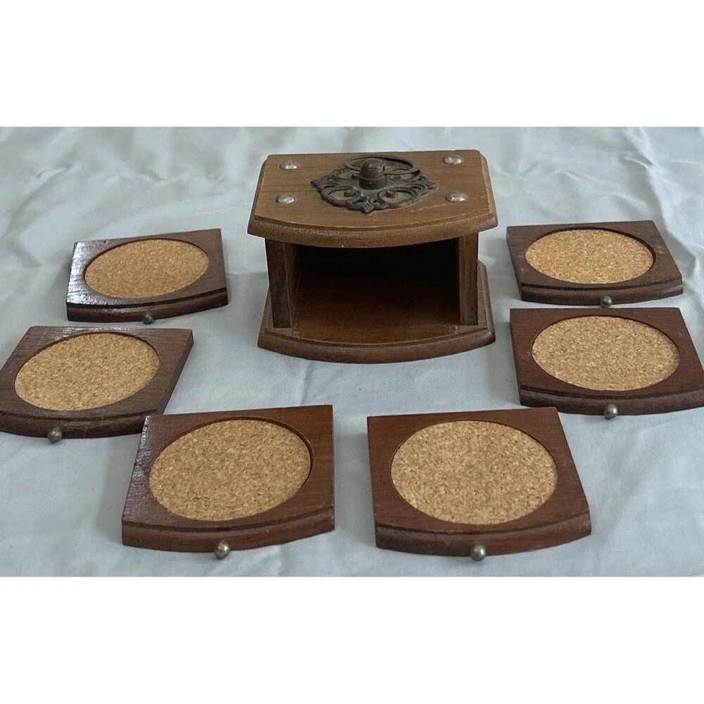 Vtg Wood & Cork Coaster Set of 8 Wood Caddy Carrier Brass Accents Boho Barware